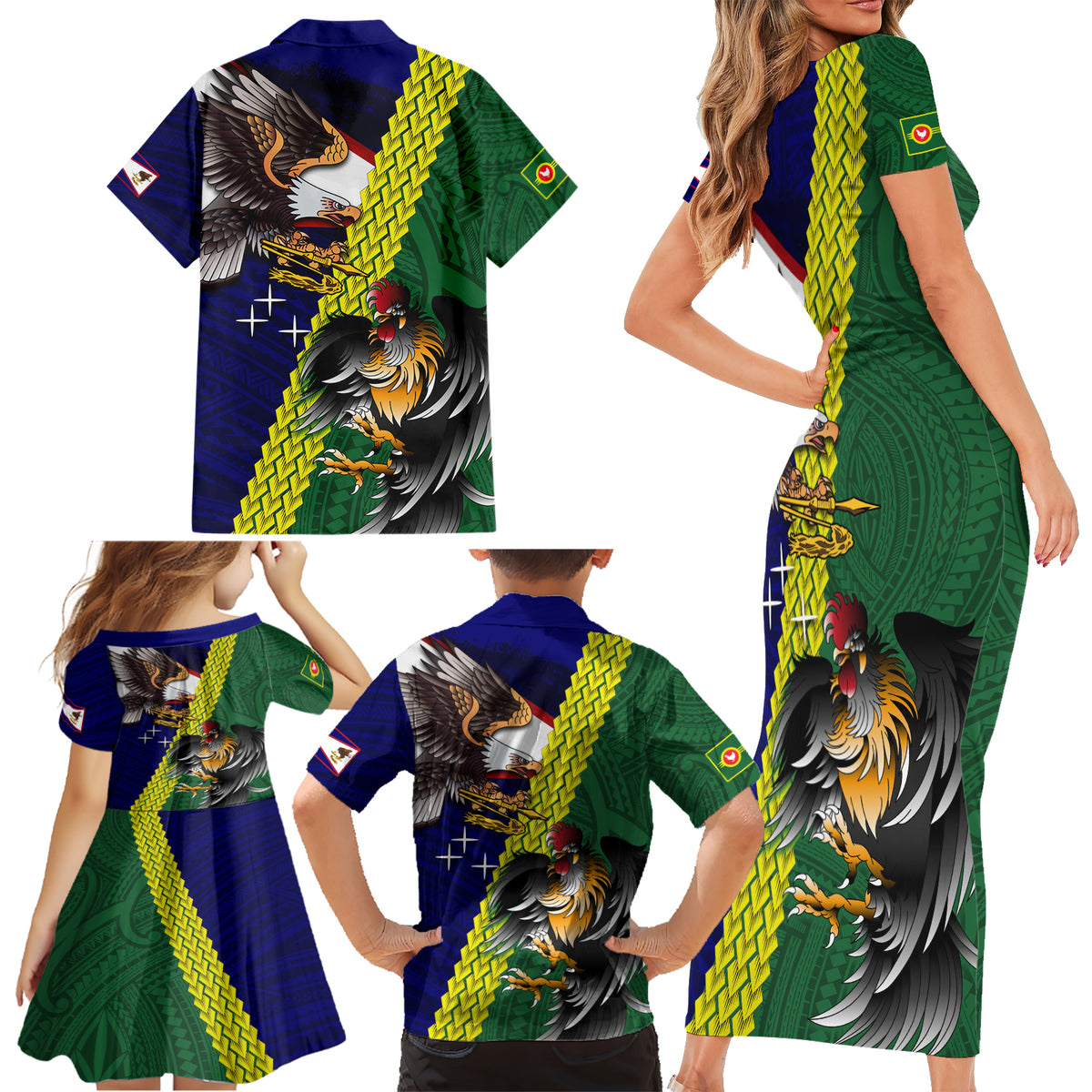 Manu'a Island and American Samoa Family Matching Short Sleeve Bodycon Dress and Hawaiian Shirt Rooster and Eagle Mascot LT03 - Polynesian Pride