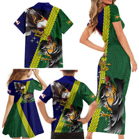 Manu'a Island and American Samoa Family Matching Short Sleeve Bodycon Dress and Hawaiian Shirt Rooster and Eagle Mascot LT03 - Polynesian Pride