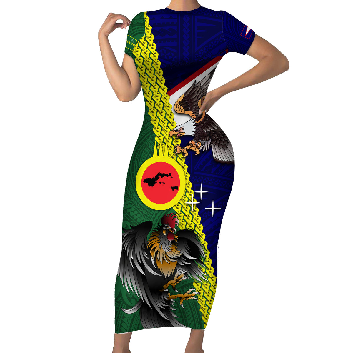 Manu'a Island and American Samoa Family Matching Short Sleeve Bodycon Dress and Hawaiian Shirt Rooster and Eagle Mascot LT03 Mom's Dress Green - Polynesian Pride