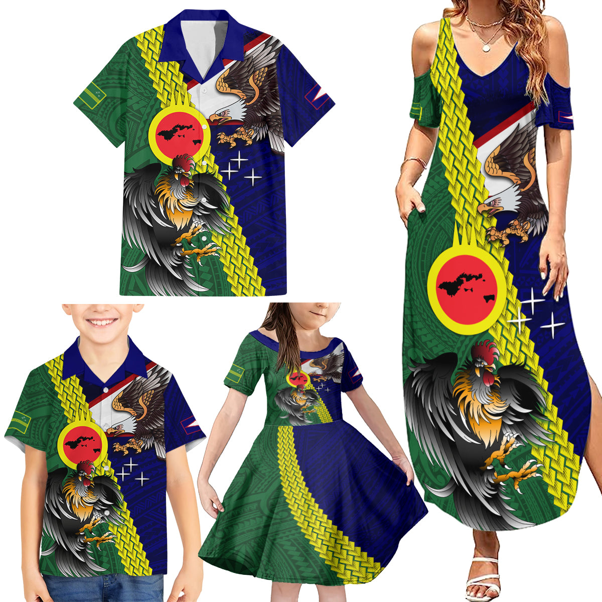 Manu'a Island and American Samoa Family Matching Summer Maxi Dress and Hawaiian Shirt Rooster and Eagle Mascot LT03 - Polynesian Pride