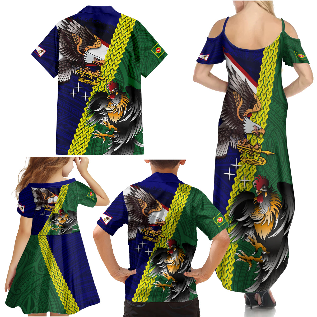 Manu'a Island and American Samoa Family Matching Summer Maxi Dress and Hawaiian Shirt Rooster and Eagle Mascot LT03 - Polynesian Pride