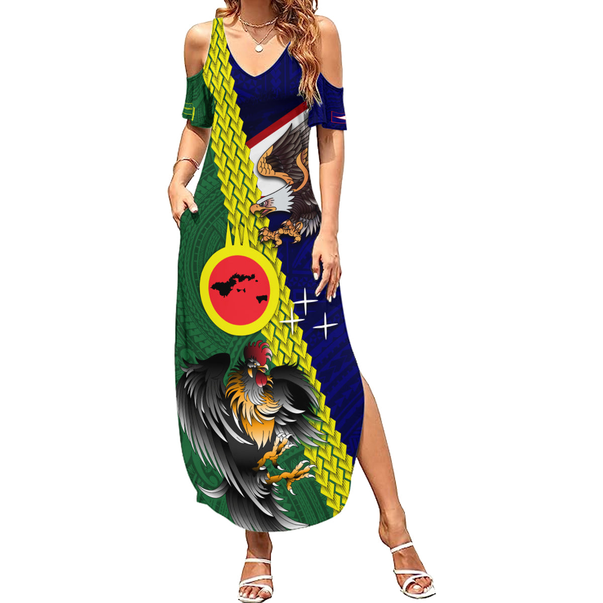 Manu'a Island and American Samoa Family Matching Summer Maxi Dress and Hawaiian Shirt Rooster and Eagle Mascot LT03 Mom's Dress Green - Polynesian Pride