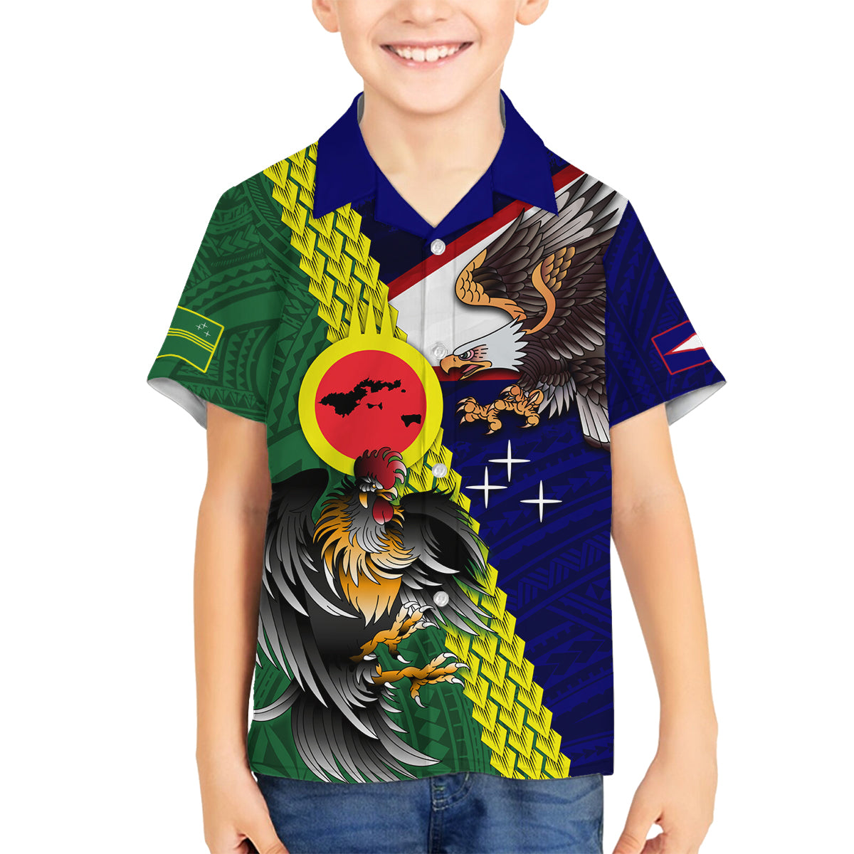 Manu'a Island and American Samoa Family Matching Tank Maxi Dress and Hawaiian Shirt Rooster and Eagle Mascot LT03 Son's Shirt Green - Polynesian Pride
