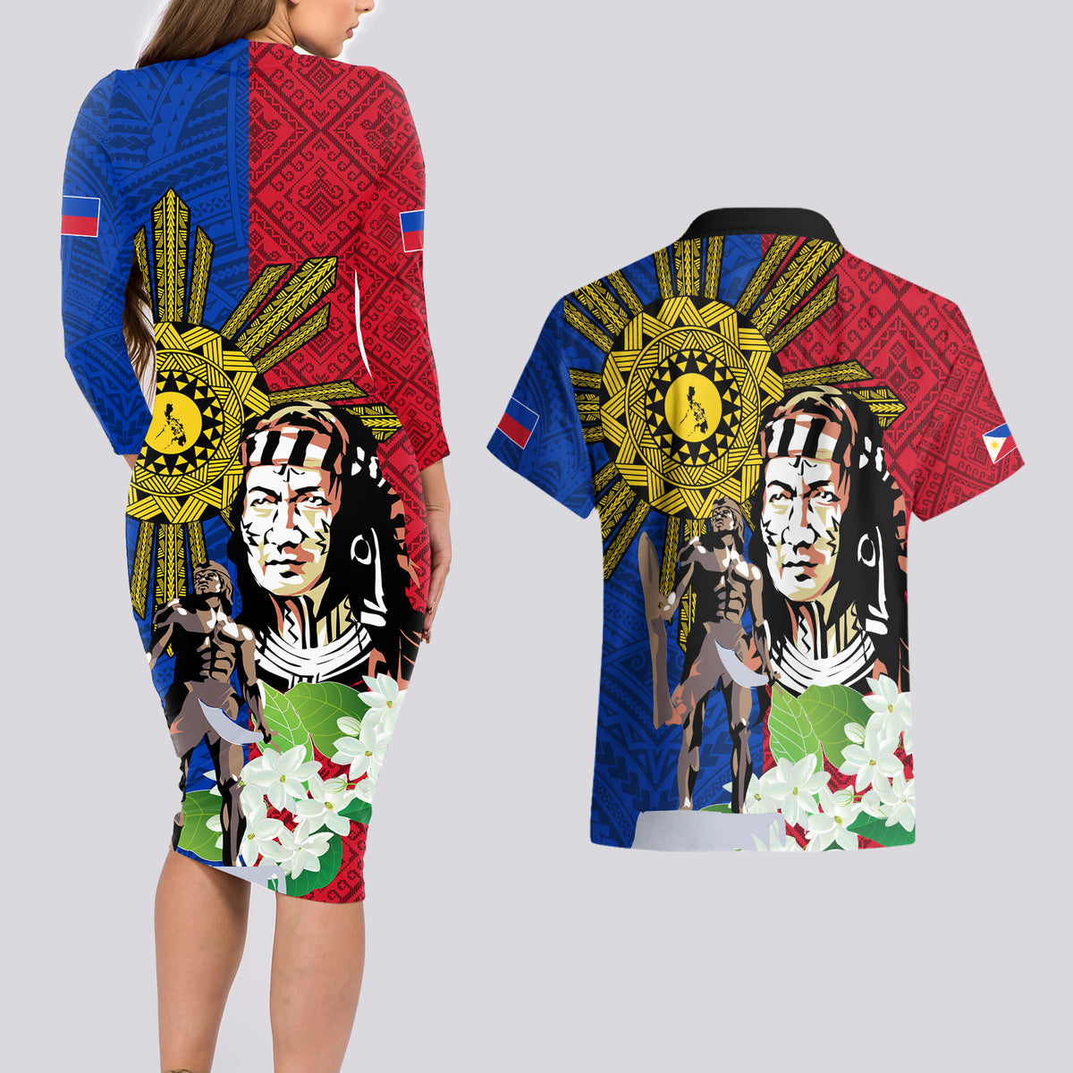 Philippines Lapu-Lapu Couples Matching Long Sleeve Bodycon Dress and Hawaiian Shirt Filipino Sun Tattoo With Yakan Pattern LT03 - Polynesian Pride