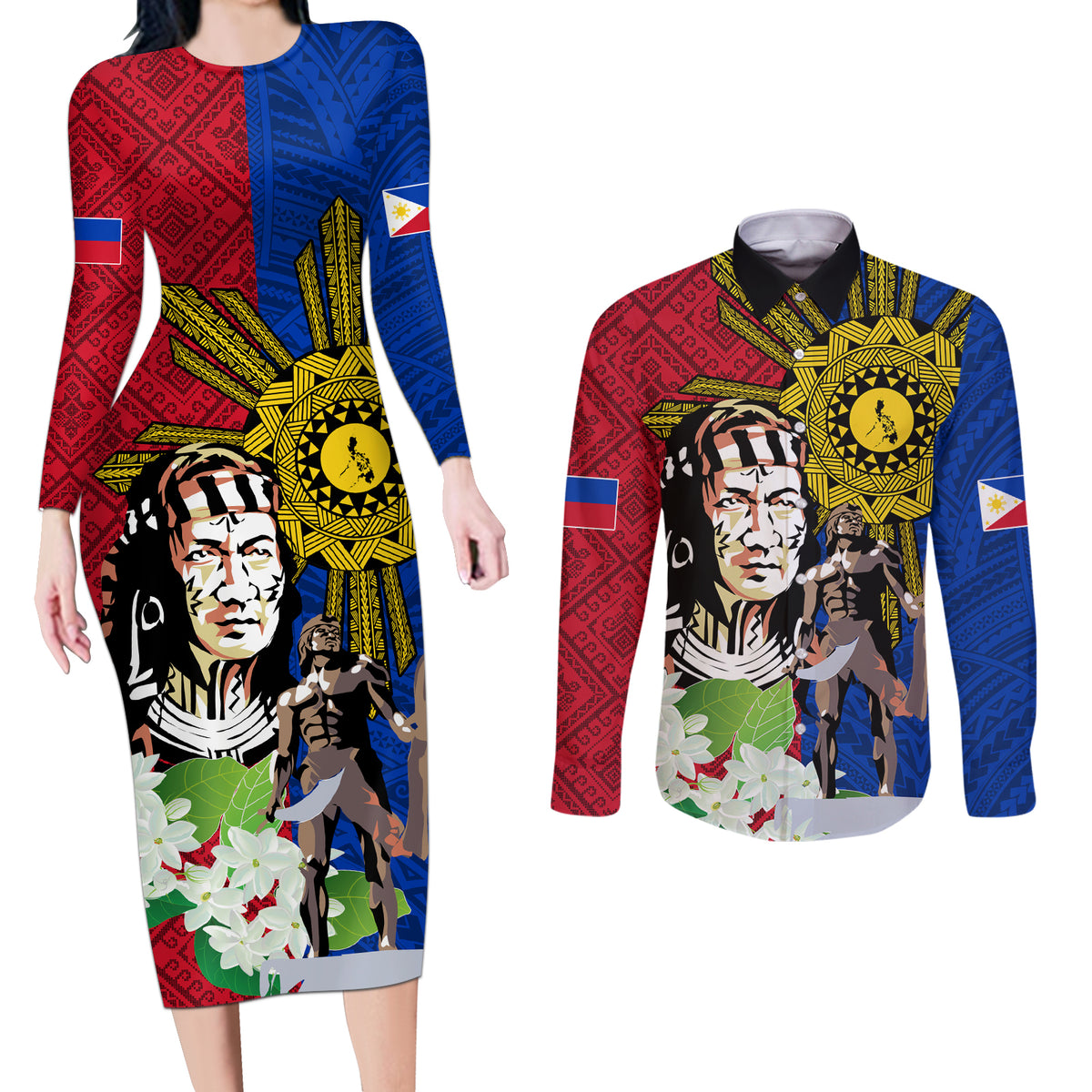 Philippines Lapu-Lapu Couples Matching Long Sleeve Bodycon Dress and Long Sleeve Button Shirt Filipino Sun Tattoo With Yakan Pattern LT03 Red - Polynesian Pride