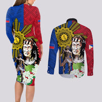 Philippines Lapu-Lapu Couples Matching Long Sleeve Bodycon Dress and Long Sleeve Button Shirt Filipino Sun Tattoo With Yakan Pattern LT03 - Polynesian Pride