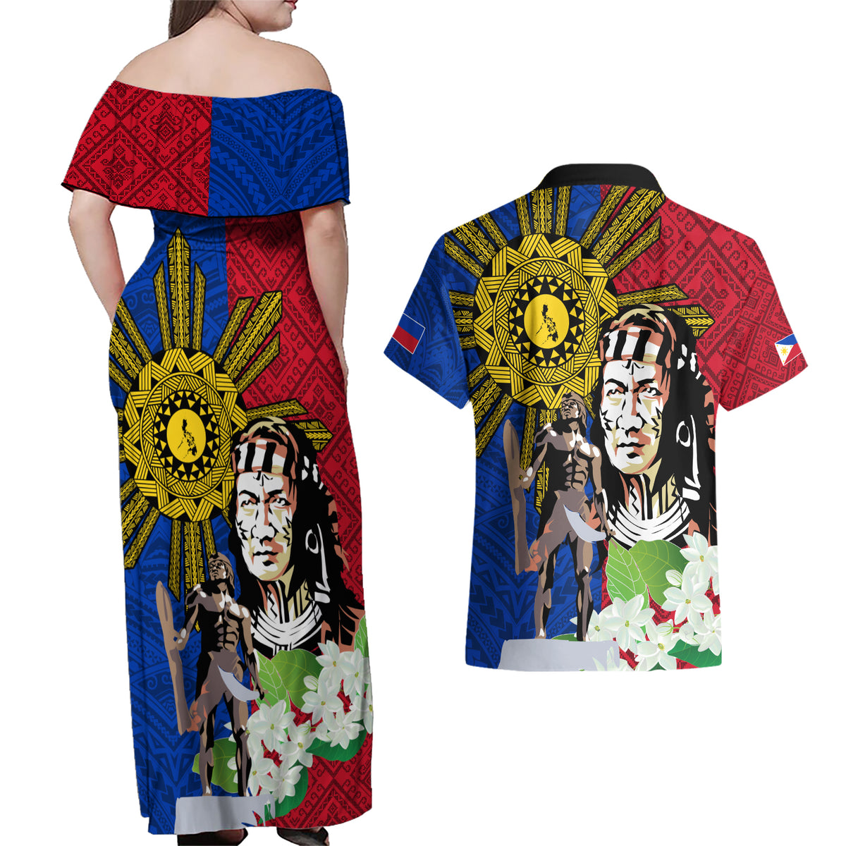 Philippines Lapu-Lapu Couples Matching Off Shoulder Maxi Dress and Hawaiian Shirt Filipino Sun Tattoo With Yakan Pattern LT03 - Polynesian Pride