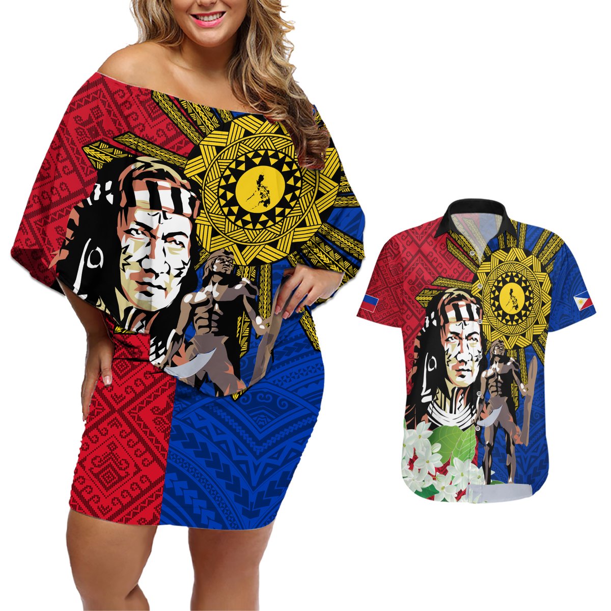 Philippines Lapu-Lapu Couples Matching Off Shoulder Short Dress and Hawaiian Shirt Filipino Sun Tattoo With Yakan Pattern LT03 Red - Polynesian Pride
