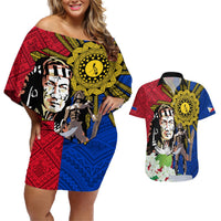 Philippines Lapu-Lapu Couples Matching Off Shoulder Short Dress and Hawaiian Shirt Filipino Sun Tattoo With Yakan Pattern LT03 Red - Polynesian Pride
