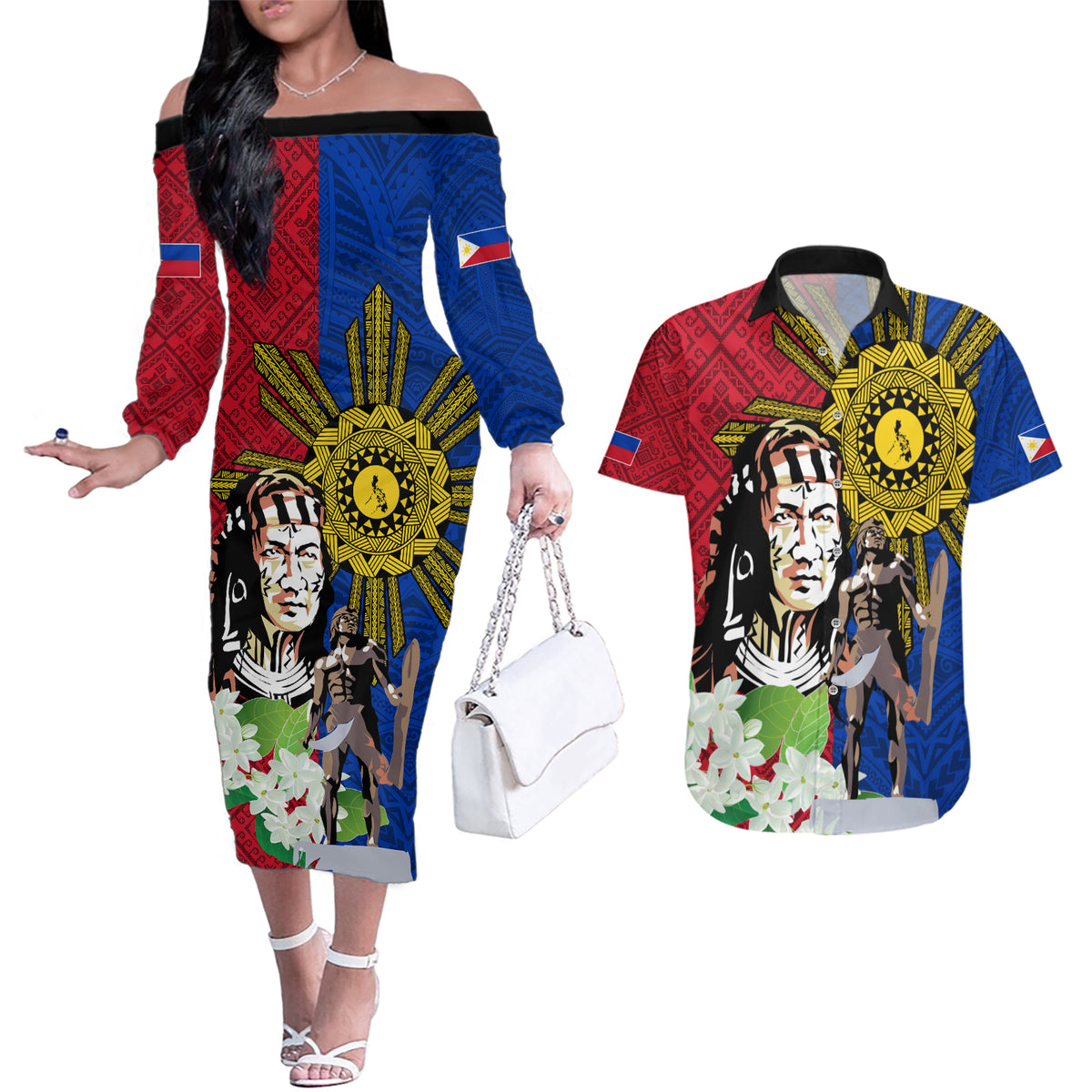 Philippines Lapu-Lapu Couples Matching Off The Shoulder Long Sleeve Dress and Hawaiian Shirt Filipino Sun Tattoo With Yakan Pattern LT03 Red - Polynesian Pride