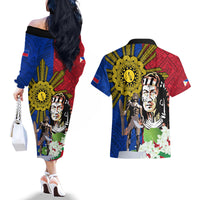 Philippines Lapu-Lapu Couples Matching Off The Shoulder Long Sleeve Dress and Hawaiian Shirt Filipino Sun Tattoo With Yakan Pattern LT03 - Polynesian Pride
