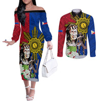 Philippines Lapu-Lapu Couples Matching Off The Shoulder Long Sleeve Dress and Long Sleeve Button Shirt Filipino Sun Tattoo With Yakan Pattern LT03 Red - Polynesian Pride