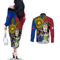 Philippines Lapu-Lapu Couples Matching Off The Shoulder Long Sleeve Dress and Long Sleeve Button Shirt Filipino Sun Tattoo With Yakan Pattern LT03 - Polynesian Pride