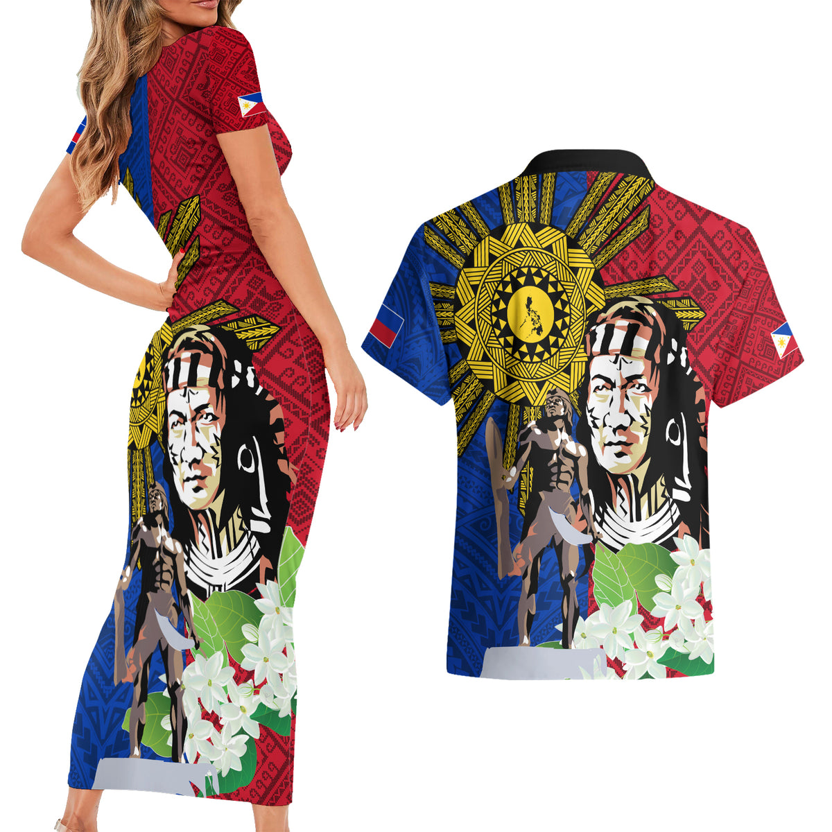 Philippines Lapu-Lapu Couples Matching Short Sleeve Bodycon Dress and Hawaiian Shirt Filipino Sun Tattoo With Yakan Pattern LT03 - Polynesian Pride
