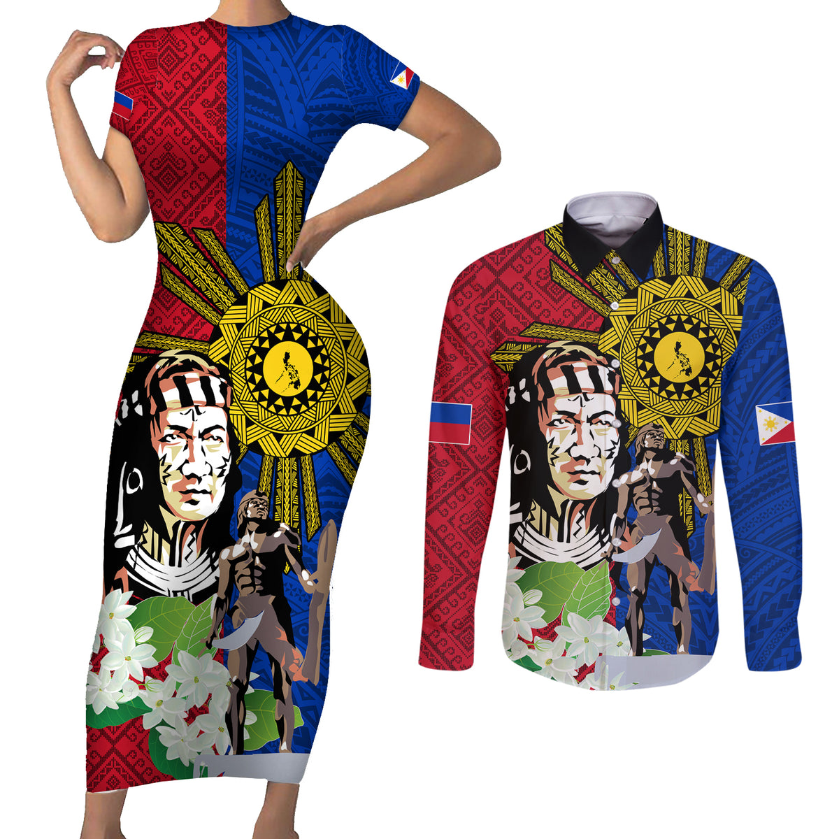Philippines Lapu-Lapu Couples Matching Short Sleeve Bodycon Dress and Long Sleeve Button Shirt Filipino Sun Tattoo With Yakan Pattern LT03 Red - Polynesian Pride