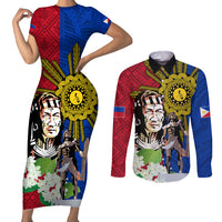 Philippines Lapu-Lapu Couples Matching Short Sleeve Bodycon Dress and Long Sleeve Button Shirt Filipino Sun Tattoo With Yakan Pattern LT03 Red - Polynesian Pride