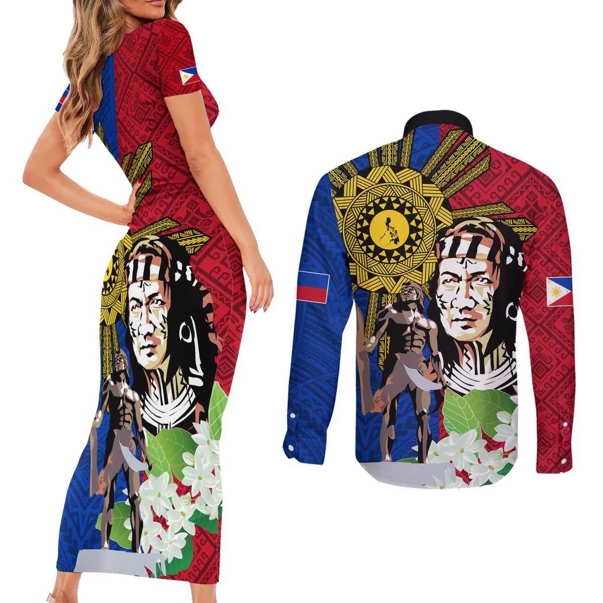 Philippines Lapu-Lapu Couples Matching Short Sleeve Bodycon Dress and Long Sleeve Button Shirt Filipino Sun Tattoo With Yakan Pattern LT03 - Polynesian Pride
