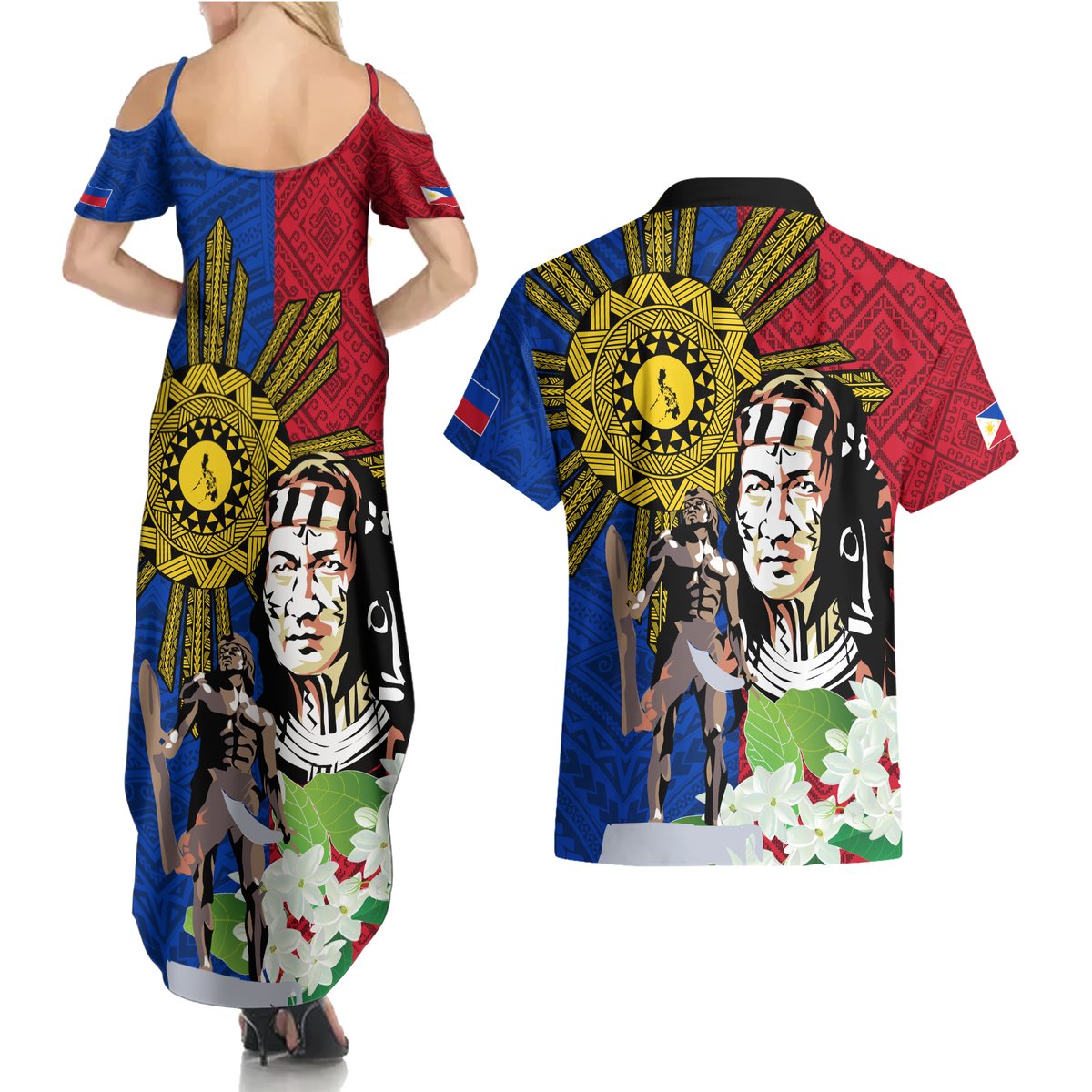 Philippines Lapu-Lapu Couples Matching Summer Maxi Dress and Hawaiian Shirt Filipino Sun Tattoo With Yakan Pattern LT03 - Polynesian Pride