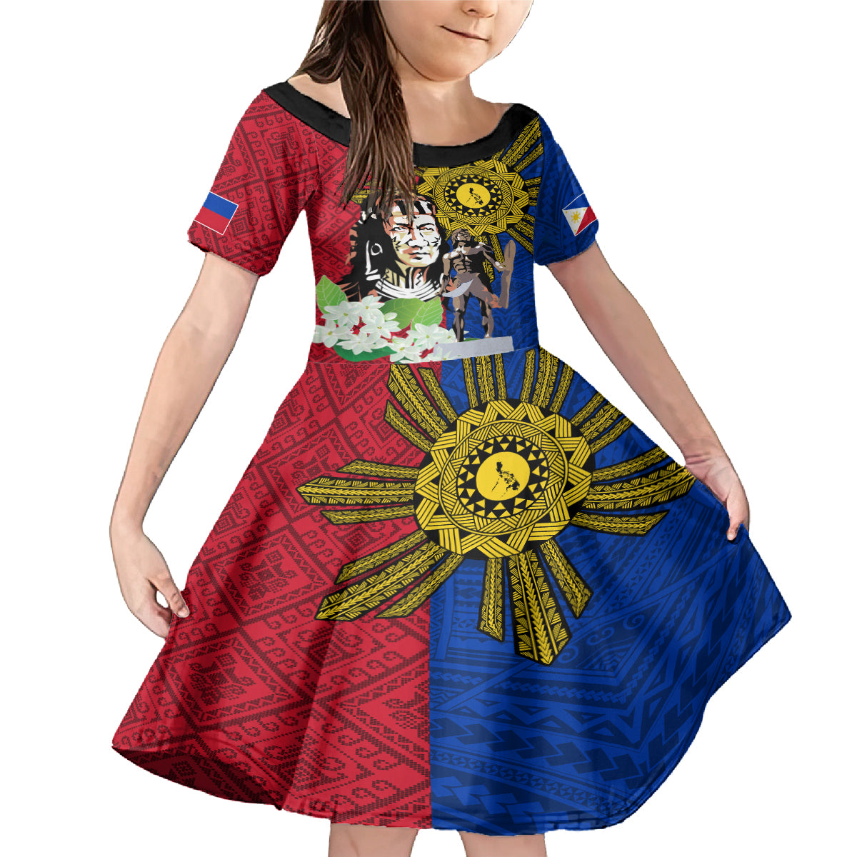 Philippines Lapu-Lapu Family Matching Mermaid Dress and Hawaiian Shirt Filipino Sun Tattoo With Yakan Pattern LT03 Daughter's Dress Red - Polynesian Pride