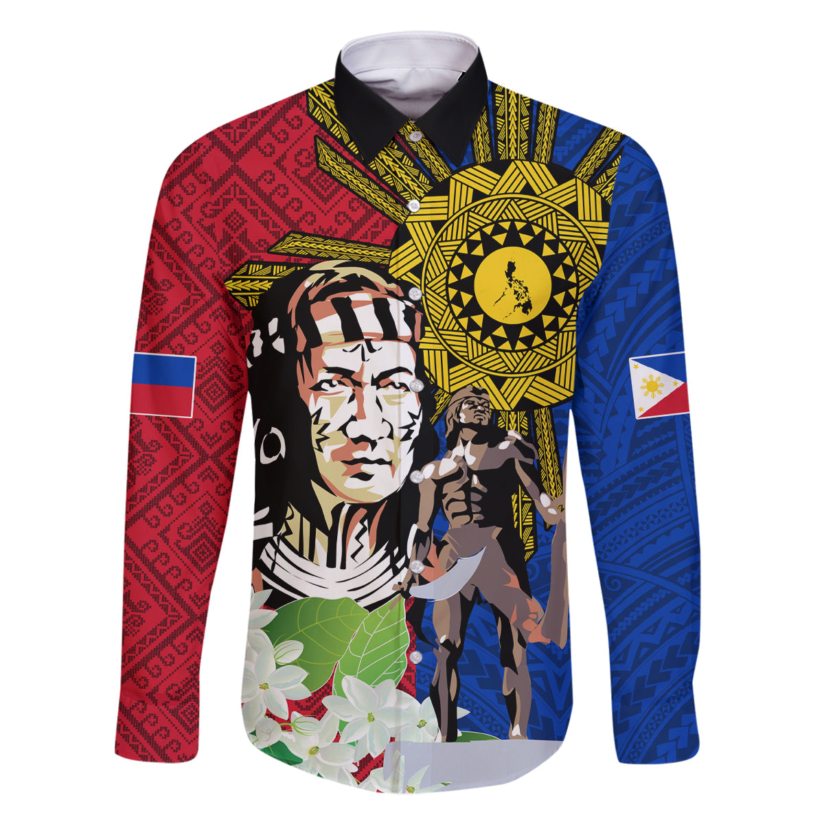 Philippines Lapu-Lapu Family Matching Mermaid Dress and Hawaiian Shirt Filipino Sun Tattoo With Yakan Pattern LT03 Dad's Shirt - Long Sleeve Red - Polynesian Pride