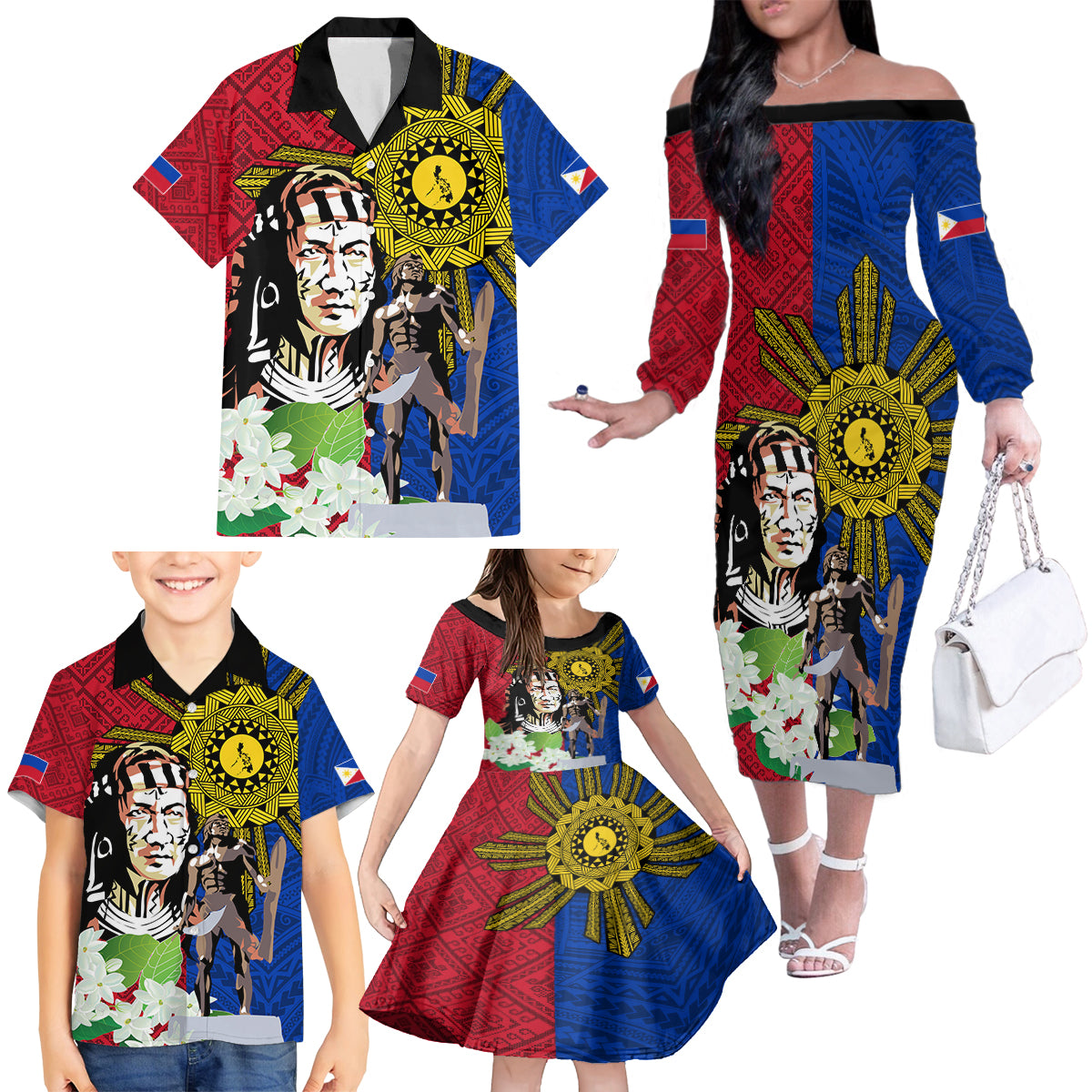 Philippines Lapu-Lapu Family Matching Off The Shoulder Long Sleeve Dress and Hawaiian Shirt Filipino Sun Tattoo With Yakan Pattern LT03 - Polynesian Pride