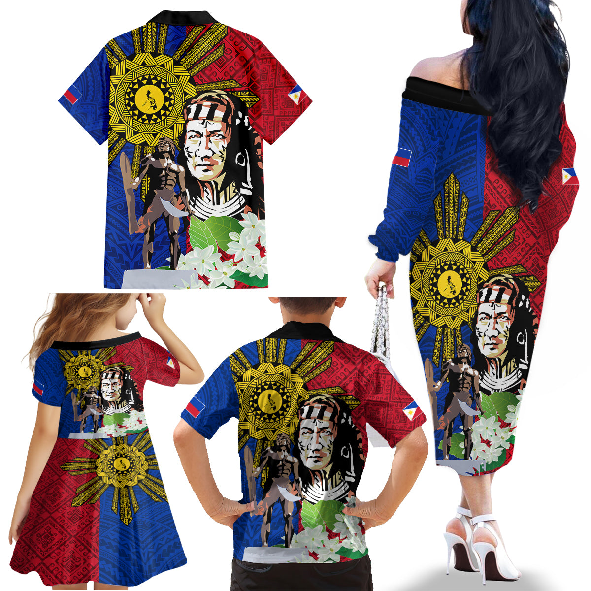 Philippines Lapu-Lapu Family Matching Off The Shoulder Long Sleeve Dress and Hawaiian Shirt Filipino Sun Tattoo With Yakan Pattern LT03 - Polynesian Pride