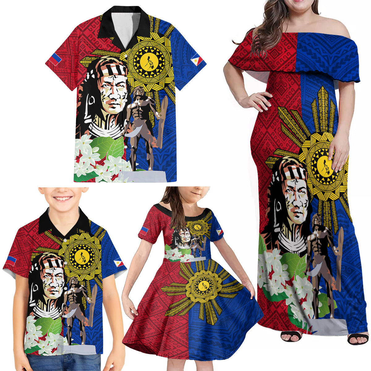 Philippines Lapu-Lapu Family Matching Off Shoulder Maxi Dress and Hawaiian Shirt Filipino Sun Tattoo With Yakan Pattern LT03 - Polynesian Pride