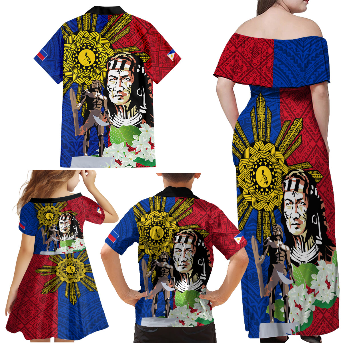 Philippines Lapu-Lapu Family Matching Off Shoulder Maxi Dress and Hawaiian Shirt Filipino Sun Tattoo With Yakan Pattern LT03 - Polynesian Pride