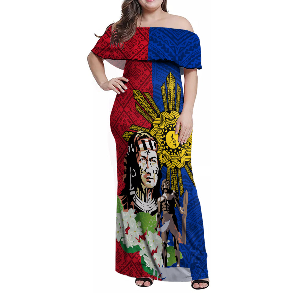Philippines Lapu-Lapu Family Matching Off Shoulder Maxi Dress and Hawaiian Shirt Filipino Sun Tattoo With Yakan Pattern LT03 Mom's Dress Red - Polynesian Pride