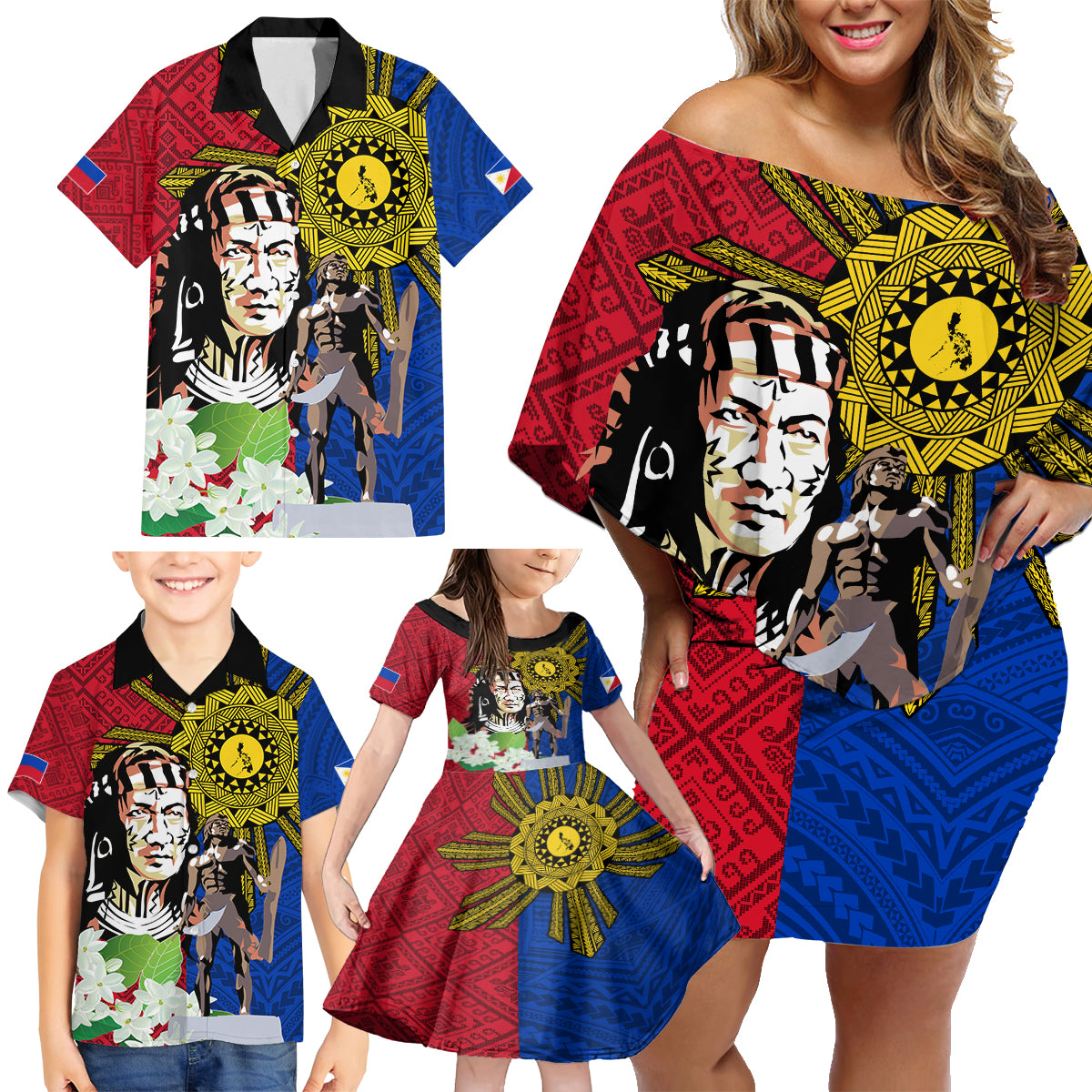 Philippines Lapu-Lapu Family Matching Off Shoulder Short Dress and Hawaiian Shirt Filipino Sun Tattoo With Yakan Pattern LT03 - Polynesian Pride