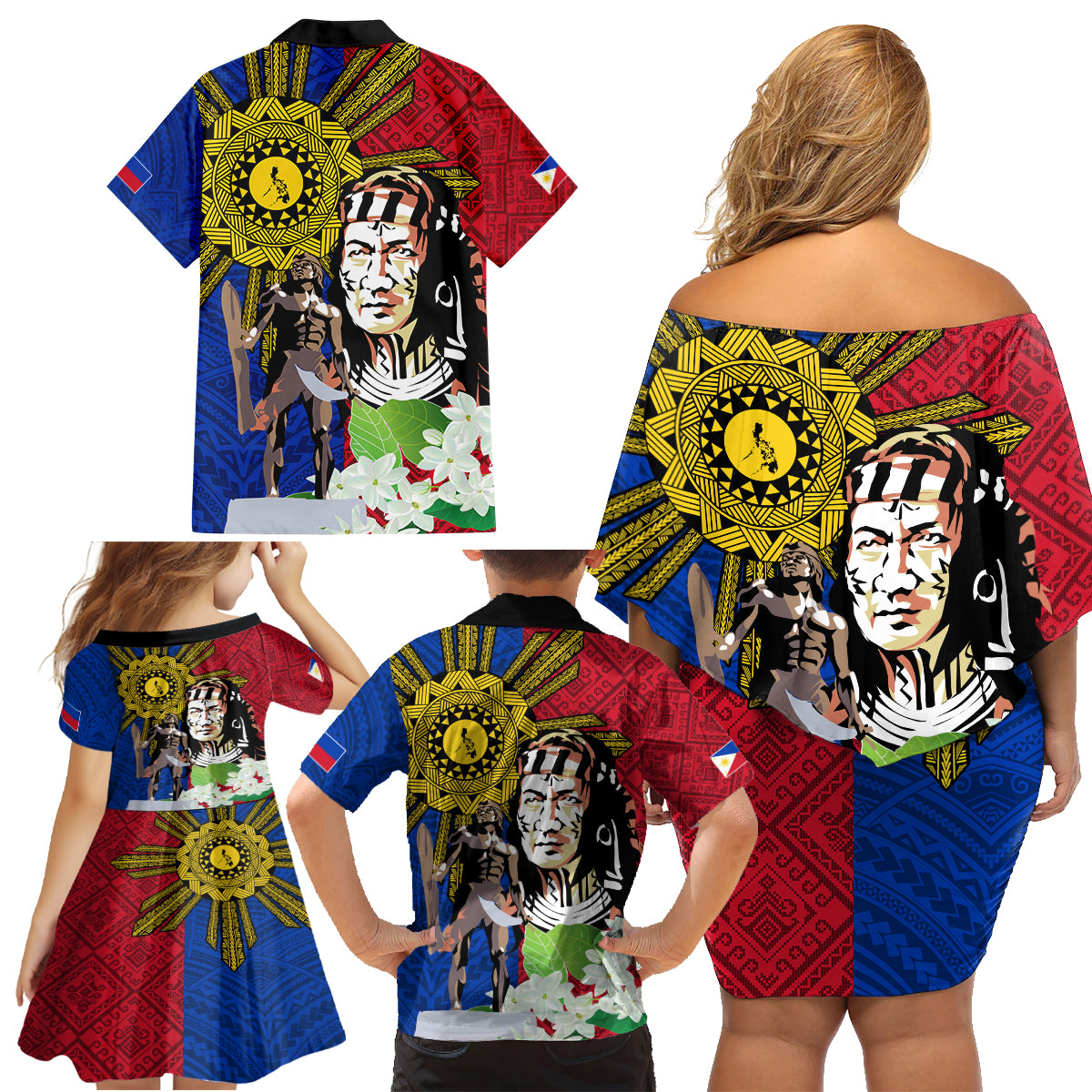 Philippines Lapu-Lapu Family Matching Off Shoulder Short Dress and Hawaiian Shirt Filipino Sun Tattoo With Yakan Pattern LT03 - Polynesian Pride