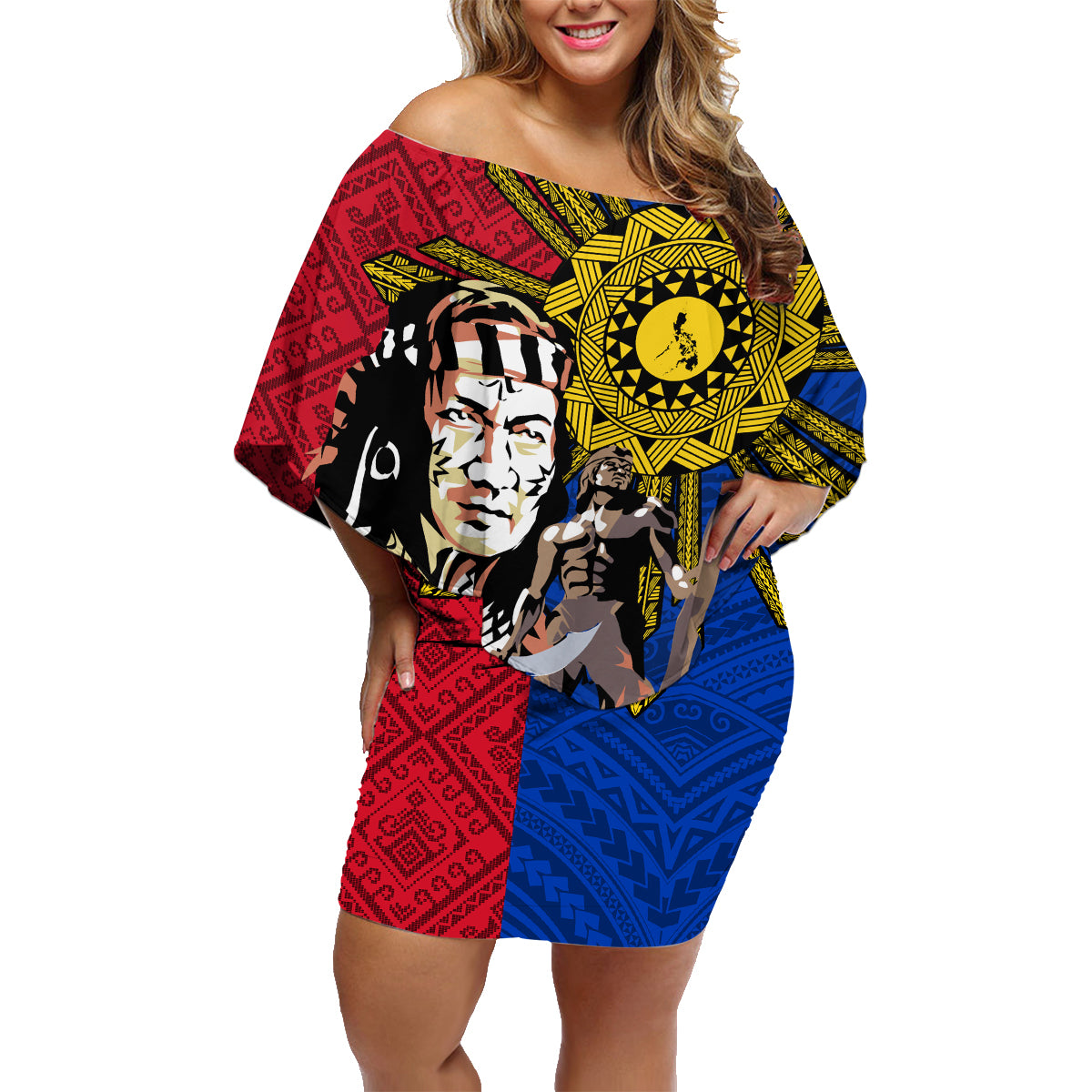 Philippines Lapu-Lapu Family Matching Off Shoulder Short Dress and Hawaiian Shirt Filipino Sun Tattoo With Yakan Pattern LT03 Mom's Dress Red - Polynesian Pride