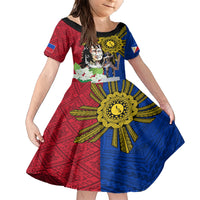 Philippines Lapu-Lapu Family Matching Short Sleeve Bodycon Dress and Hawaiian Shirt Filipino Sun Tattoo With Yakan Pattern LT03 Daughter's Dress Red - Polynesian Pride