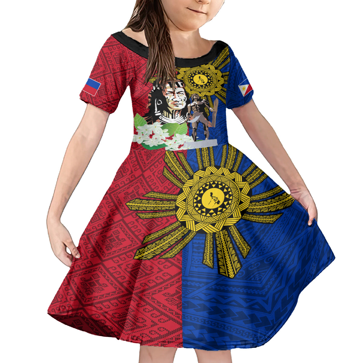 Philippines Lapu-Lapu Family Matching Tank Maxi Dress and Hawaiian Shirt Filipino Sun Tattoo With Yakan Pattern LT03 Daughter's Dress Red - Polynesian Pride