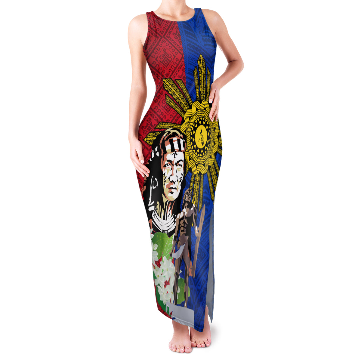 Philippines Lapu-Lapu Family Matching Tank Maxi Dress and Hawaiian Shirt Filipino Sun Tattoo With Yakan Pattern LT03 Mom's Dress Red - Polynesian Pride