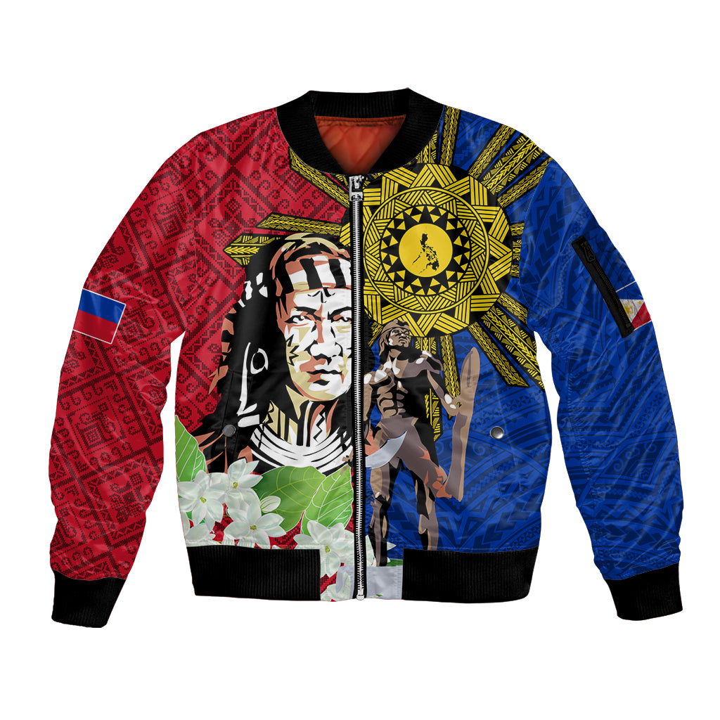 Philippines Lapu-Lapu Sleeve Zip Bomber Jacket Filipino Sun Tattoo With Yakan Pattern LT03 Unisex Red - Polynesian Pride