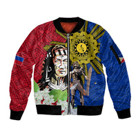 Philippines Lapu-Lapu Sleeve Zip Bomber Jacket Filipino Sun Tattoo With Yakan Pattern LT03 Unisex Red - Polynesian Pride