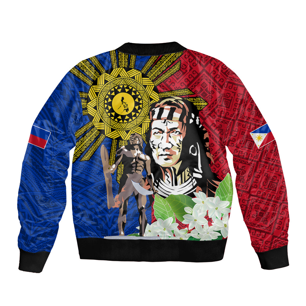 Philippines Lapu-Lapu Sleeve Zip Bomber Jacket Filipino Sun Tattoo With Yakan Pattern LT03 - Polynesian Pride