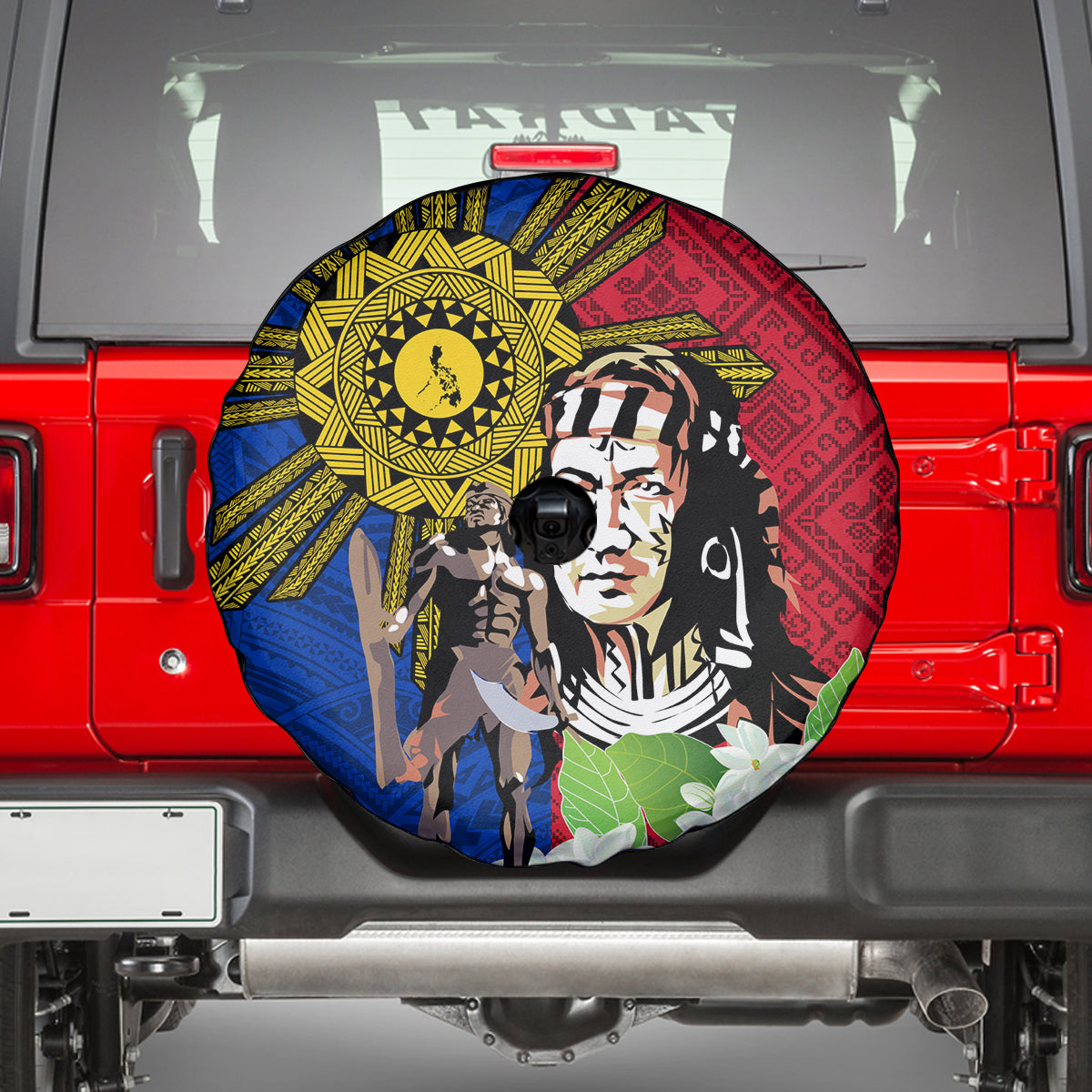 Philippines Lapu-Lapu Spare Tire Cover Filipino Sun Tattoo With Yakan Pattern