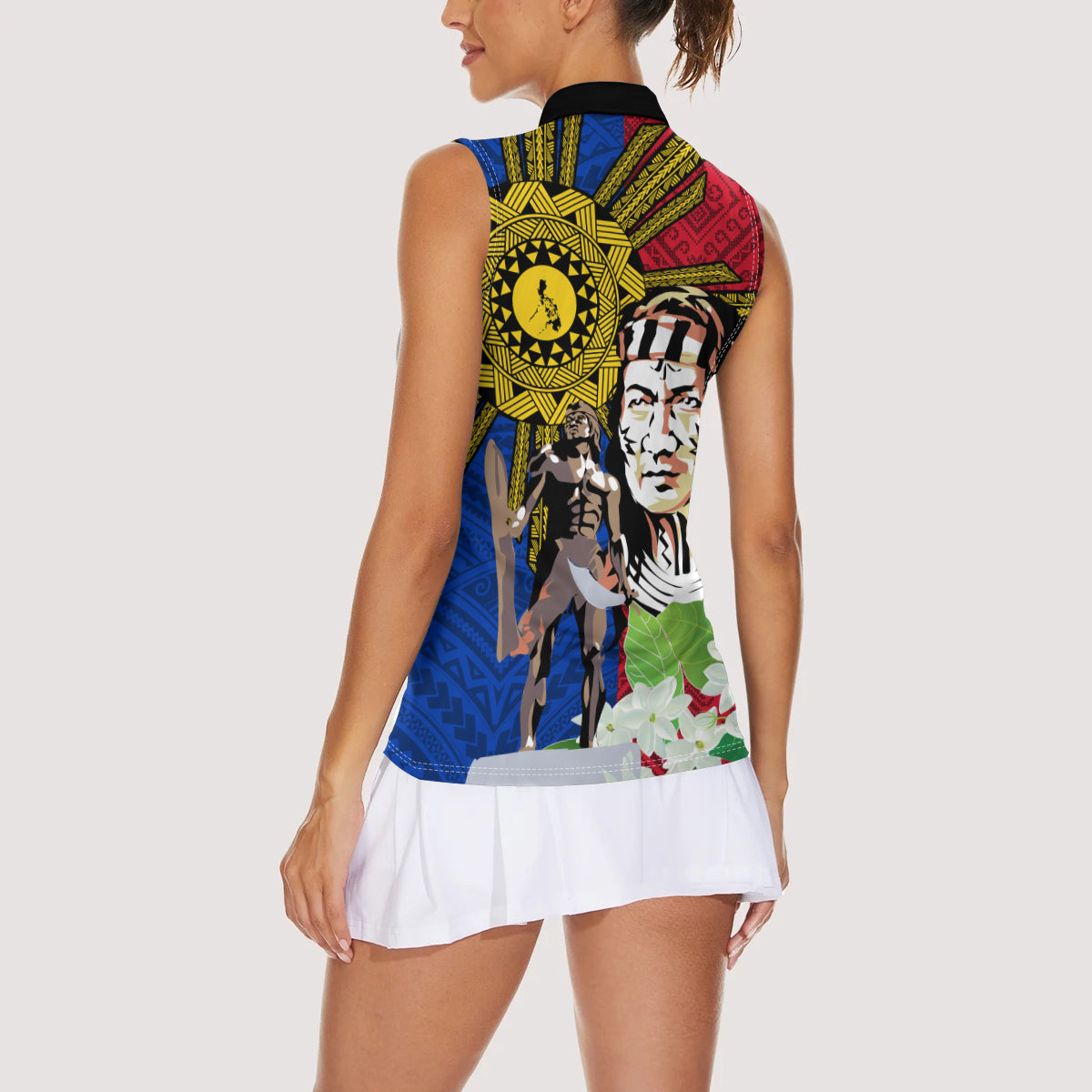 Philippines Lapu-Lapu Women Sleeveless Polo Shirt Filipino Sun Tattoo With Yakan Pattern
