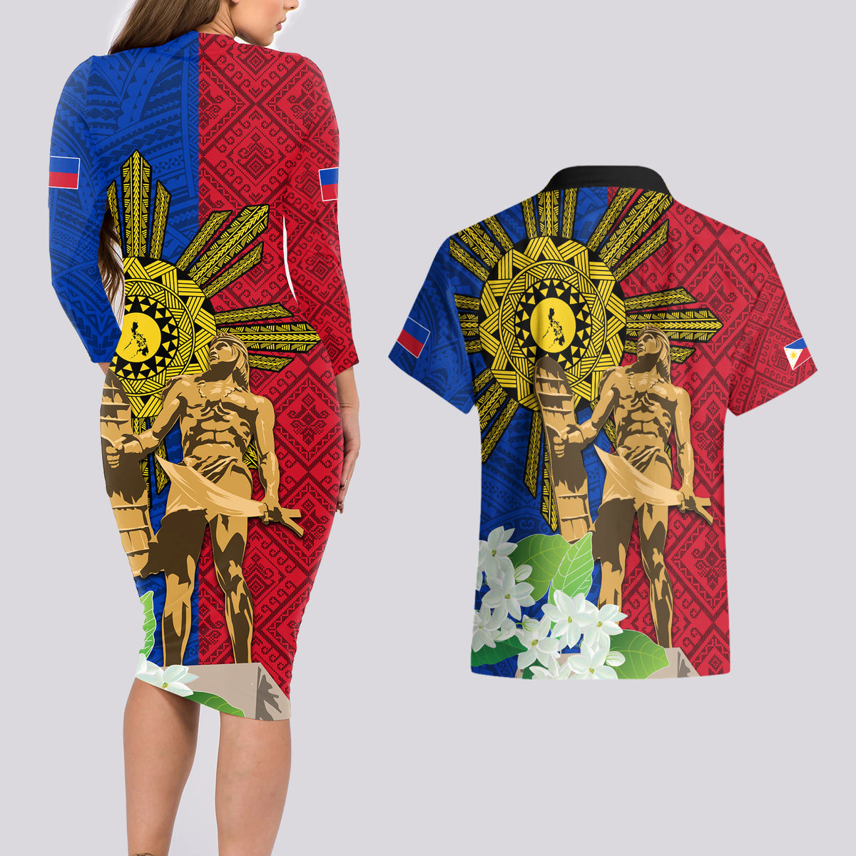 Philippines Lapu Lapu King Jasmine Flowers Couples Matching Long Sleeve Bodycon Dress and Hawaiian Shirt Filipino Sun Tattoo LT03 - Polynesian Pride