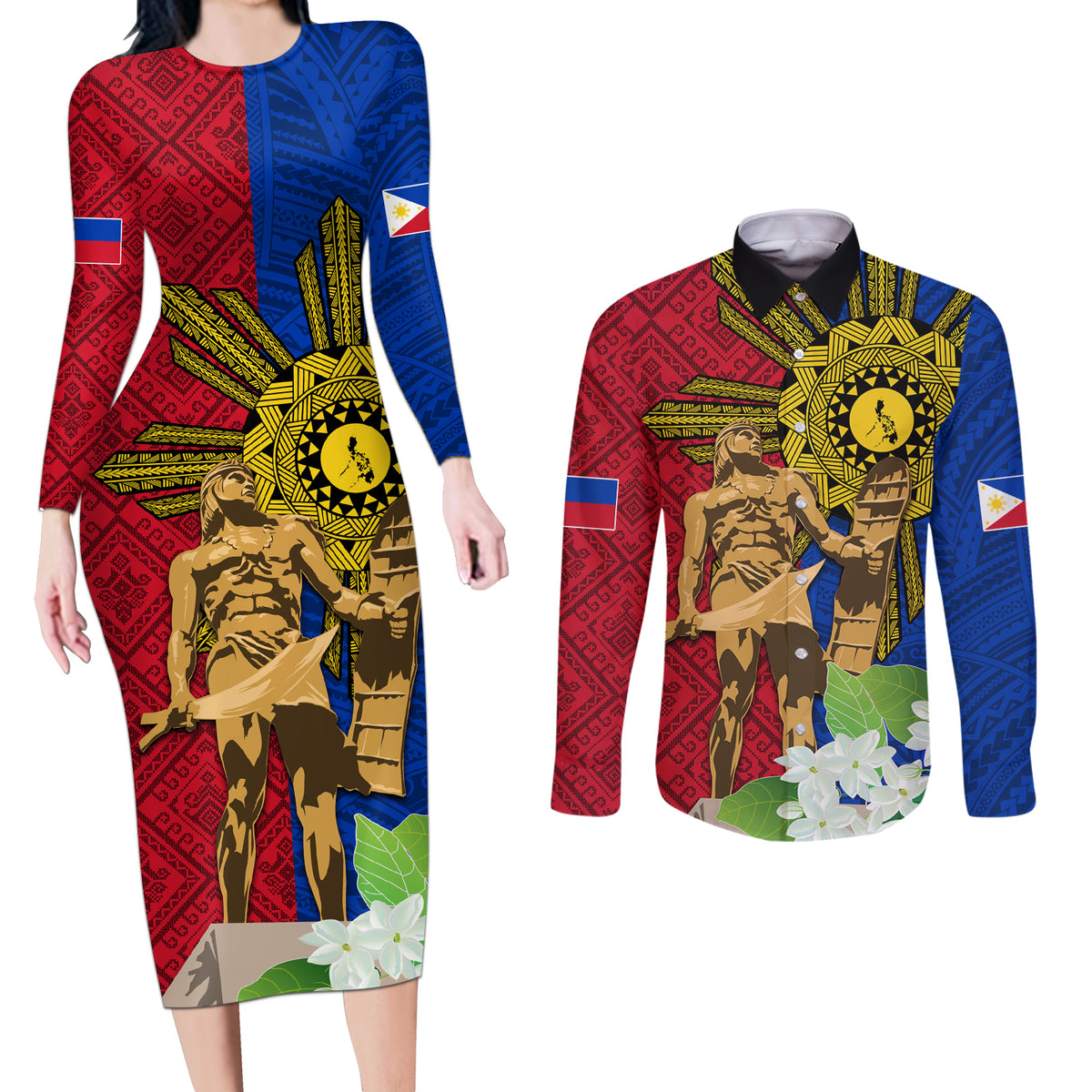 Philippines Lapu Lapu King Jasmine Flowers Couples Matching Long Sleeve Bodycon Dress and Long Sleeve Button Shirt Filipino Sun Tattoo LT03 Red - Polynesian Pride