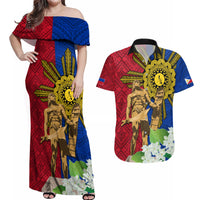 Philippines Lapu Lapu King Jasmine Flowers Couples Matching Off Shoulder Maxi Dress and Hawaiian Shirt Filipino Sun Tattoo LT03 Red - Polynesian Pride