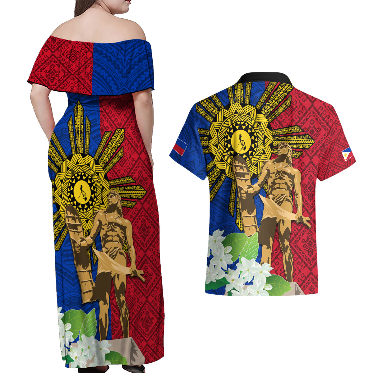 Philippines Lapu Lapu King Jasmine Flowers Couples Matching Off Shoulder Maxi Dress and Hawaiian Shirt Filipino Sun Tattoo LT03 - Polynesian Pride