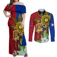 Philippines Lapu Lapu King Jasmine Flowers Couples Matching Off Shoulder Maxi Dress and Long Sleeve Button Shirt Filipino Sun Tattoo LT03 Red - Polynesian Pride