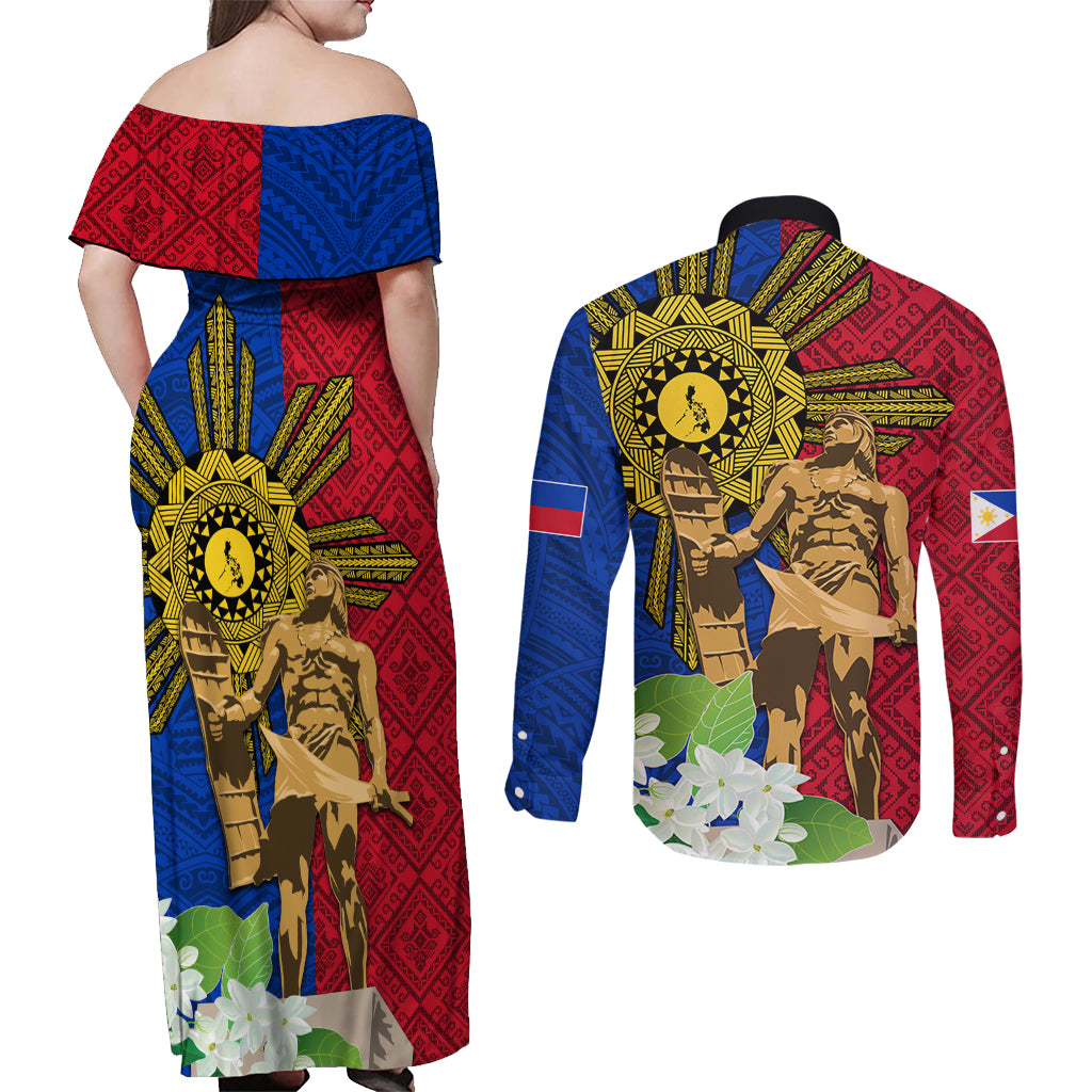 Philippines Lapu Lapu King Jasmine Flowers Couples Matching Off Shoulder Maxi Dress and Long Sleeve Button Shirt Filipino Sun Tattoo LT03 - Polynesian Pride