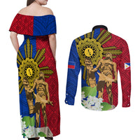 Philippines Lapu Lapu King Jasmine Flowers Couples Matching Off Shoulder Maxi Dress and Long Sleeve Button Shirt Filipino Sun Tattoo LT03 - Polynesian Pride