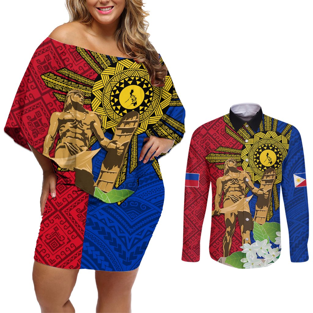 Philippines Lapu Lapu King Jasmine Flowers Couples Matching Off Shoulder Short Dress and Long Sleeve Button Shirt Filipino Sun Tattoo LT03 Red - Polynesian Pride