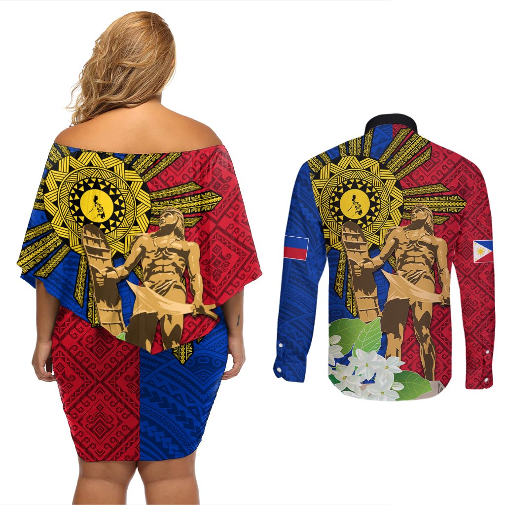 Philippines Lapu Lapu King Jasmine Flowers Couples Matching Off Shoulder Short Dress and Long Sleeve Button Shirt Filipino Sun Tattoo LT03 - Polynesian Pride