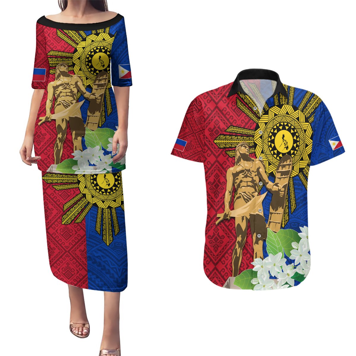 Philippines Lapu Lapu King Jasmine Flowers Couples Matching Puletasi and Hawaiian Shirt Filipino Sun Tattoo LT03 Red - Polynesian Pride